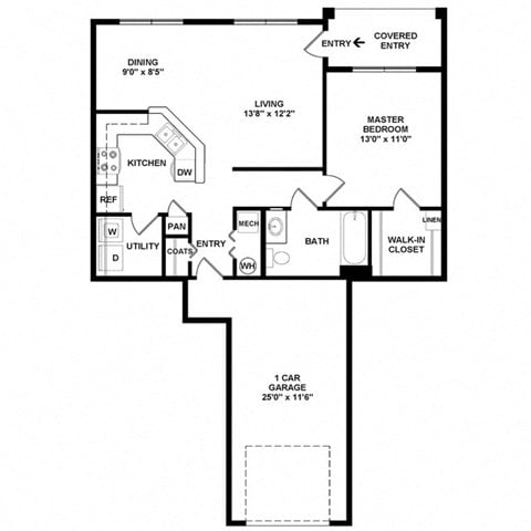 Floor plan for 1 bed, 1 bath, 765 sqft